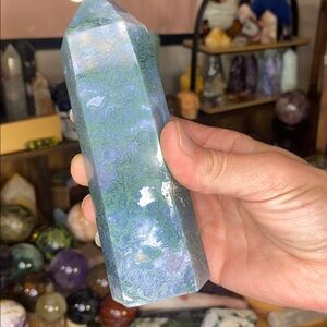 HQ Xtra Large Moss Agate Tower W/ Druzy Pockets T/O